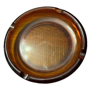 Vtg Mid Century Amber cigarette cigar ashtray diamond design base Glass 7.75”